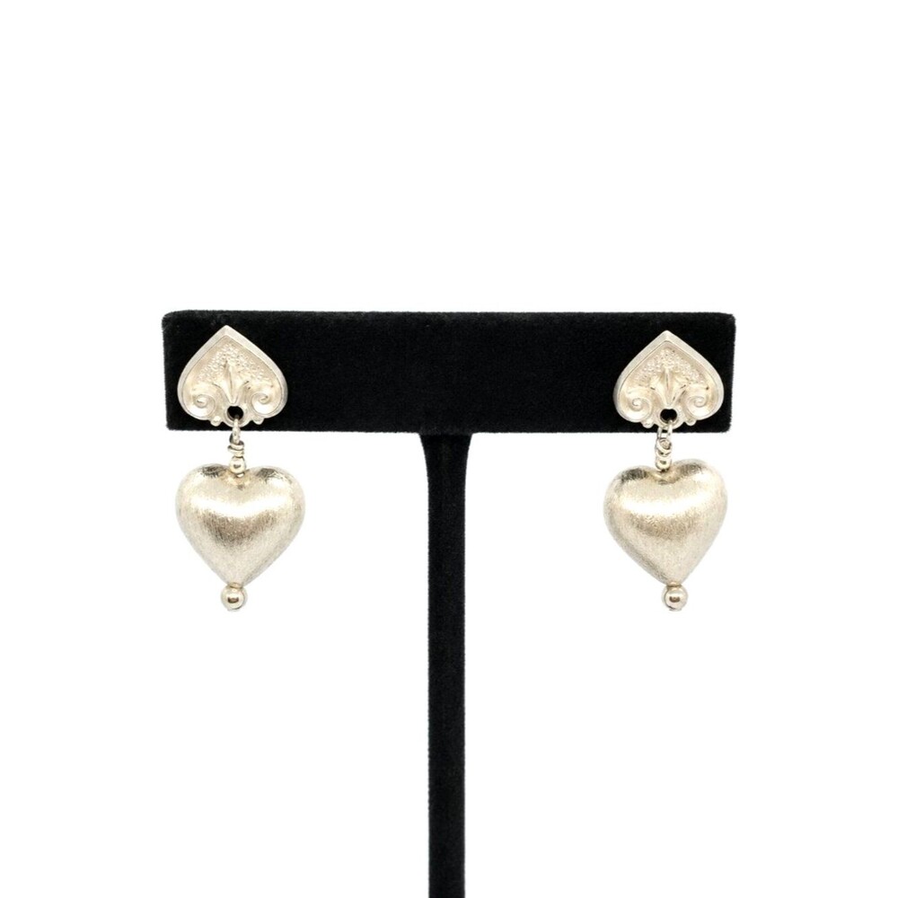 Vintage Puffy Heart Earrings Silver Tone Dangle Spade Fleur De Lis Posts